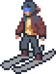 pixel illustration of man skiing in winter mountain