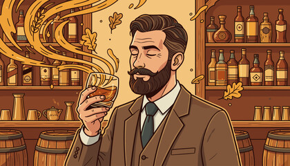 A distinguished gentleman with a beard and mustache, dressed in a formal suit, savoring the rich aroma and amber hues of a glass of whisky or bourbon in a rustic bar setting, surrounded by barrels