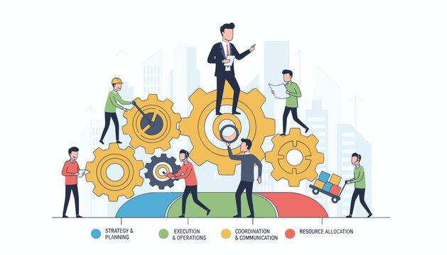 Teamwork and collaboration in business processes, illustrating strategy, planning, execution, operations, coordination, communication, and resource allocation with people interacting with gears and - Powered by Adobe