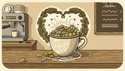 A charming illustration of a coffee cup overflowing with coins and banknotes, placed on a cafe counter next to an espresso machine, symbolizing tips and financial success in the coffee industry, with