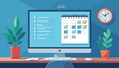 Modern flat design illustration of a computer screen displaying a digital calendar and to-do list, symbolizing time management and scheduling. Two potted plants and a wall clock complete the scene