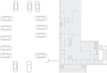 CAD drawing flat vector, parking lot with snowplow vehicle, architectural building floor plan, top view blueprint, urban planning diagram, facility layout