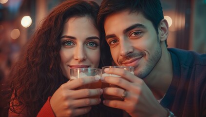 Leaning couple holding beer glasses in dimly lit pub, highlighting warm bokeh lights