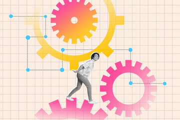 Image zine poster artwork collage of happy businesswoman carry gearwheel optimization settings career promotion growth concept