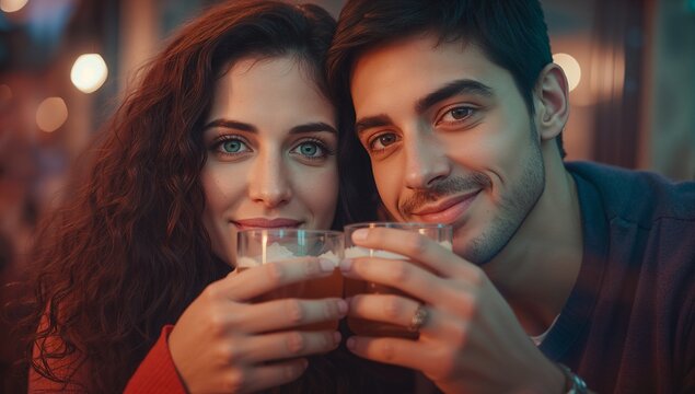 Leaning couple holding beer glasses in dimly lit pub, highlighting warm bokeh lights