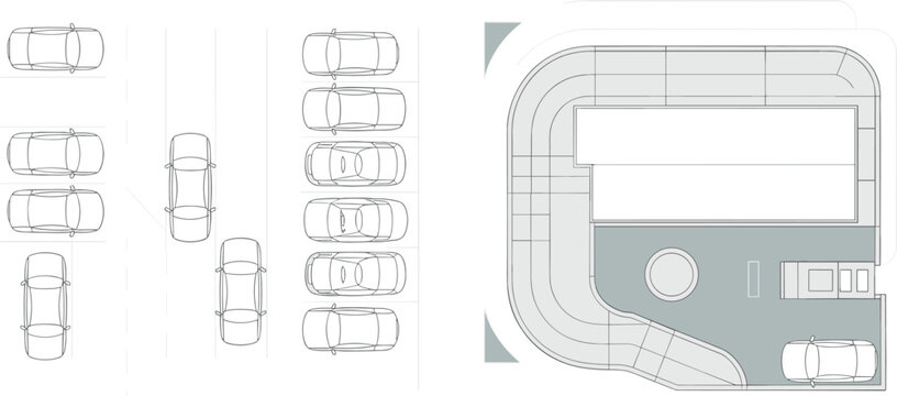 CAD drawing flat vector, parallel parking illustration, architectural building floor plan, top view street design, urban planning diagram, vehicle maneuver layout