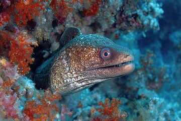 Fototapeta premium Underwater Moray. Predatory fish underwater. Moray eel in the underwater world.