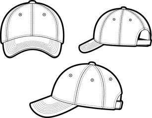 Baseball cap front view, side view, angled view, technical fashion illustration, flat vector, CAD drawing, isolated silhouette, apparel design