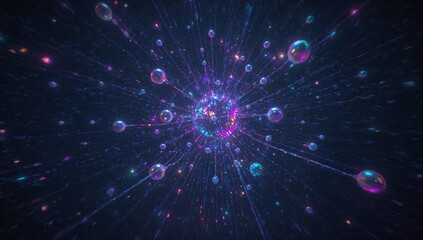 Radiating core sending radial beams in cosmic space, with transparent spheres and colored particles