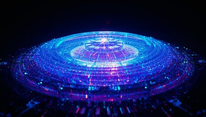 Rotating multi-layered holographic disc floating in digital void, with neon rings and data streams