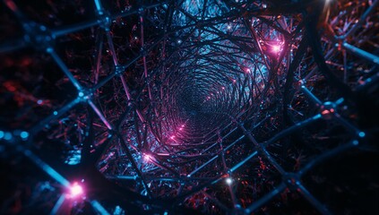 Spiraling metallic lattice twisting inside 3D network, with glowing pink and blue nodes, particles