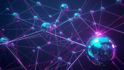 Shimmering reflective metallic spheres forming network in virtual void with glowing rods and nodes