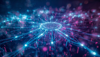 Radiating central digital core sending glowing lines across platform grid, with nodes, magenta bars