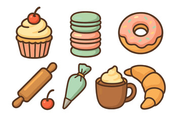 Collection of sweet desserts, pastries, and essential baking tools for culinary design