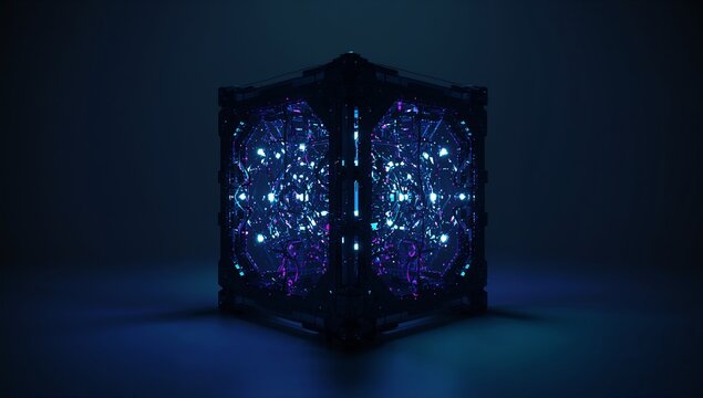 Pulsating metal-framed cube displaying neon circuitry in dark chamber, reflective floor