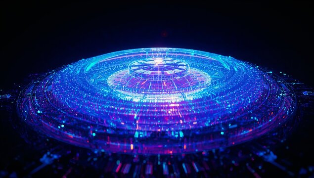 Rotating multi-layered holographic disc floating in digital void, with neon rings and data streams - Powered by Adobe