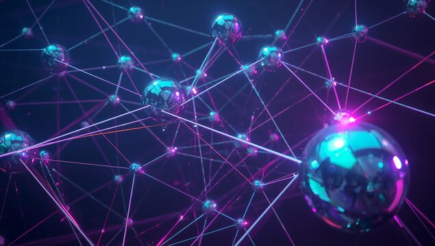 Shimmering reflective metallic spheres forming network in virtual void with glowing rods and nodes