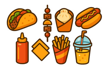 Classic street food items including hot dog, taco, french fries, kebab, and soda beverage