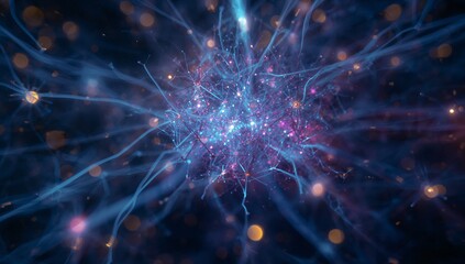 Showing central cluster pulsing in dark digital space with glowing nodes, filaments, floating bokeh