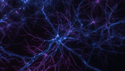 Illuminating neuron showing dendrites, axons in dark digital space, with glowing synaptic nodes