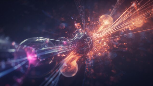 Pulsating core linking ghostly orbs via luminous filaments in void, radiating sparks and trails