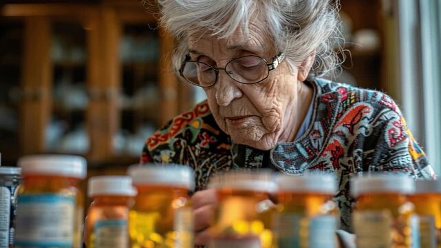 An elderly woman carefully examines her medication bottles on a table in her living room. It is a quiet afternoon, and she seems focused on organizing her pills