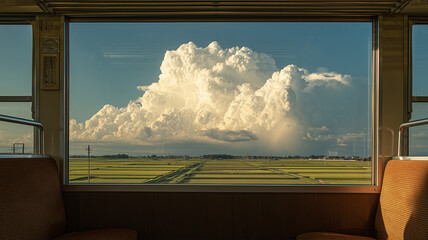 列車の窓に広がる入道雲と光の筋が田園を照らす夏の午後の瞬間