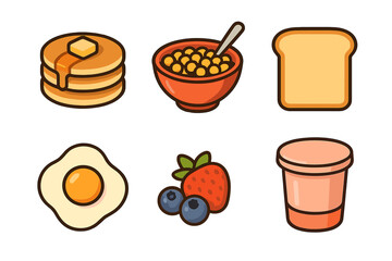 Classic breakfast food assortment featuring pancakes, cereal, toast, fried egg, and fresh berries