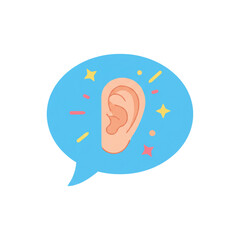 Ear icon in speech bubble with colorful stars and design elements  