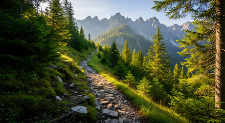 Obraz premium Mountain Trail Through Lush Forest - A Scenic Hiking Adventure.