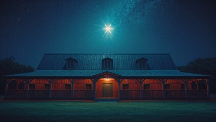 Showcasing wooden lodge standing on lawn at night, with veranda railing and porch light and star