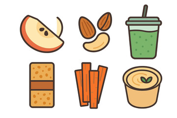 Set of six healthy snacks including apple, almonds, smoothie, cracker, carrots, and hummus dip