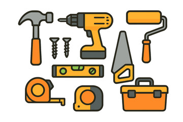 Collection of essential construction and home repair tools including hammer, drill, saw, and level