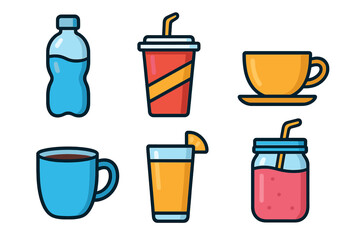 Colorful set of six beverage icons: water bottle, soda, coffee, tea, juice, and smoothie