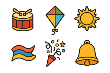 Vibrant collection of celebration symbols including drum, kite, sun, flag, popper, and bell