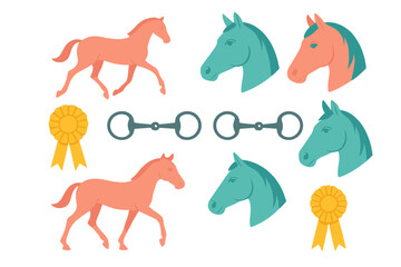 Stylized collection of running horses, horse heads, snaffle bits, and golden competition award ribbons