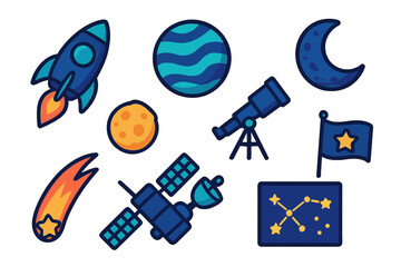 Colorful space exploration icons featuring rocket, planets, telescope, satellite, and moon