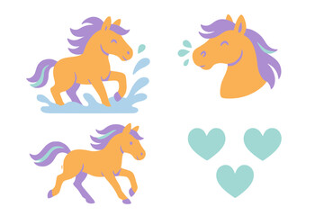 Collection of cute cartoon horse characters in various poses with decorative hearts and water splash elements