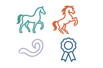 Minimalistic line symbols of horses, decorative swirl, and competition award rosette
