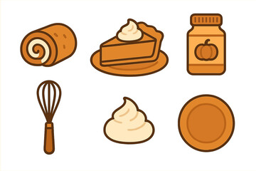 Autumn dessert and baking ingredients set including pumpkin pie slice, spice jar, and whisk tool