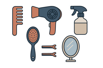 Set of essential hair styling and beauty tools including hairdryer comb brush and mirror