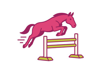 Pink horse jumping over an obstacle fence during equestrian training