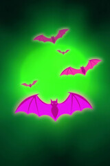 Neon Pink, Purple and Green glowing Vampire Bats spooky halloween wallpaper background	