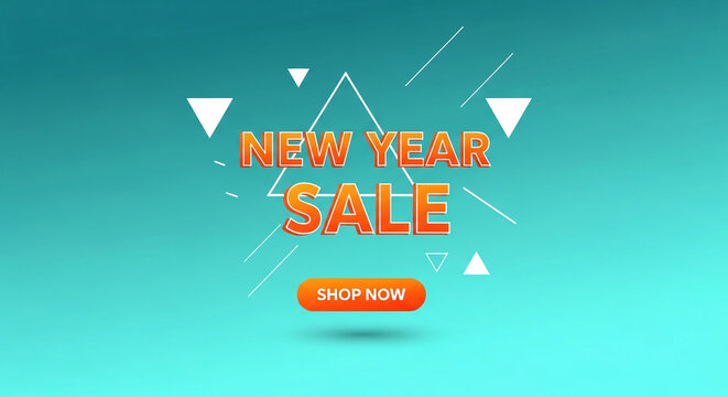 Digital image showing "New Year Sale" text, triangles and lines on light blue background, representing promotion, discount, and festive mood
