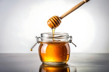Honey dripping from wooden dipper into glass jar on dark reflective surface