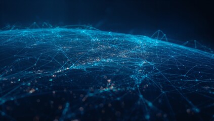 Spanning network mesh shimmering in dark cyber space, with glowing nodes and connecting lines