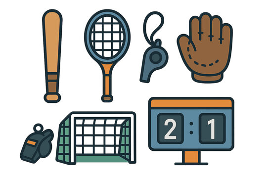 Collection of essential sports equipment including baseball bat, tennis racket, glove, whistle, soccer goal, and scoreboard
