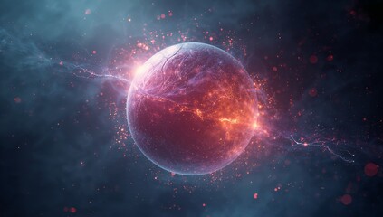 Hovering glowing planet-like sphere sending energy filaments, drifting sparks amid cosmic particles