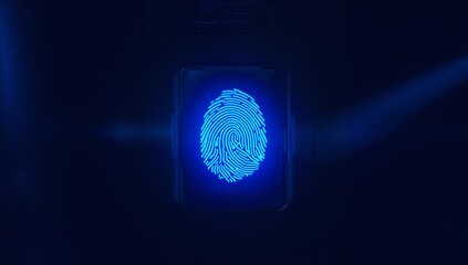 Projecting neon blue fingerprint hologram on biometric scanner panel in secure lab, subtle beams