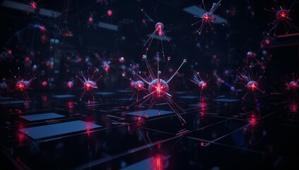 Hovering central node emitting red-blue glow above circuit floor featuring panels and spikes